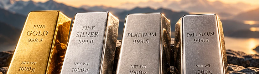 Illustrative gold, silver, platinum and palladium bullion specimens against a mountain landscape