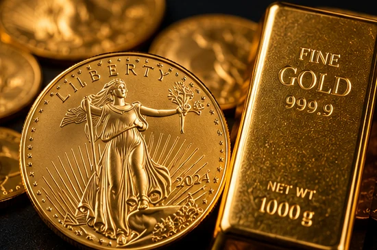 Illustrative image of a gold coin and bullion bar