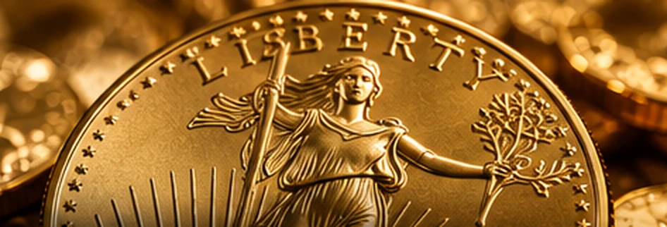 Illustrative close-up of a gold coin with raised Liberty relief