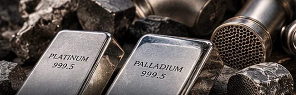 Illustrative platinum and palladium bars near precision metal components