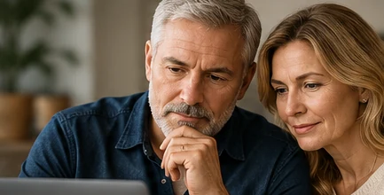 Illustrative image of two people examining financial information