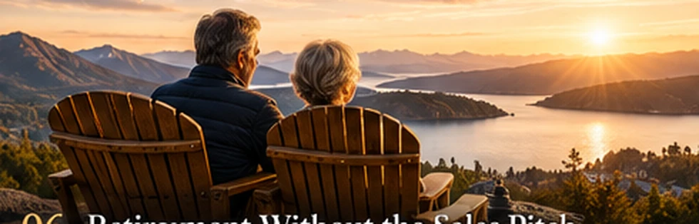 Illustrative retirement landscape with two people looking across a lake at sunrise